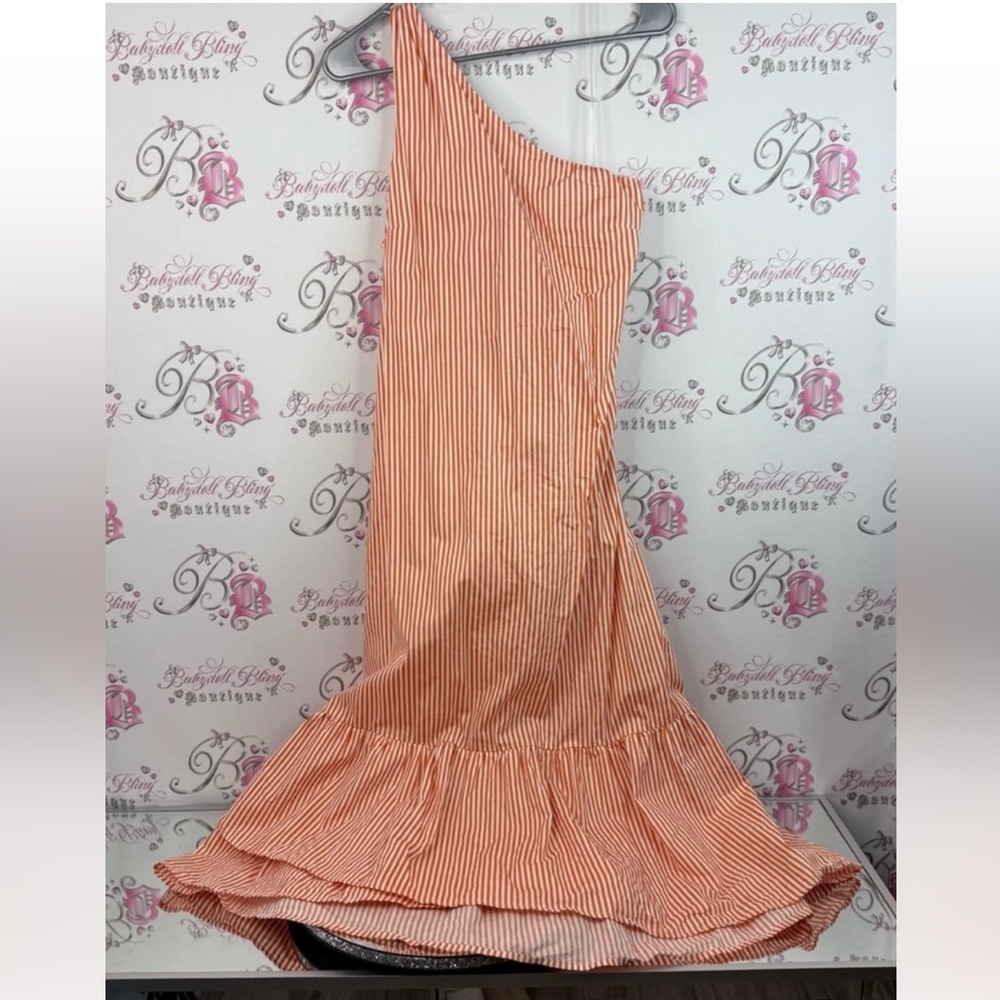 Fourteenth place one shoulder dress, long, Asymmetrical Striped Orange dress